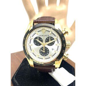 Versace Men's Watch VE2I00221 Swiss Quartz Chronograph Silver Dial Brown Leather